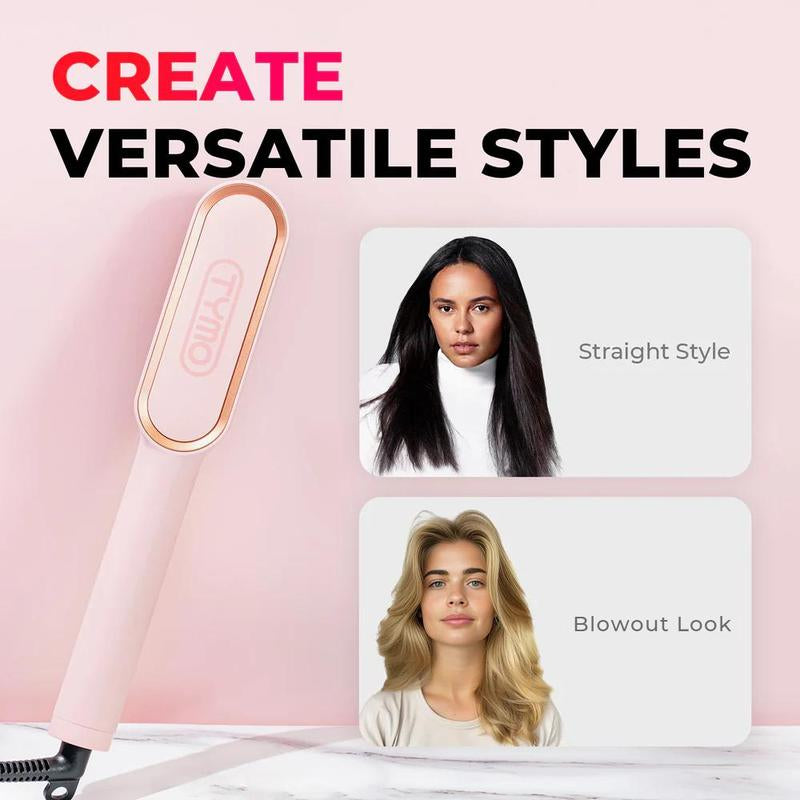 TYMO Ring Pink Hair Straightener Comb & Curling Iron, 5 Temp Settings, Dual Voltage, Fast Heating, 3D Brush Teeth, Anti-Scald, Auto-Off, Salon Styling Brush, Travel Bag, Best Gift Ideas for Women & Girlfriends