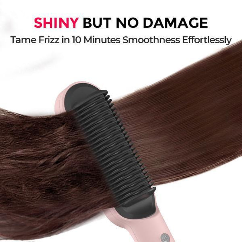 TYMO Ring Pink Hair Straightener Comb & Curling Iron, 5 Temp Settings, Dual Voltage, Fast Heating, 3D Brush Teeth, Anti-Scald, Auto-Off, Salon Styling Brush, Travel Bag, Best Gift Ideas for Women & Girlfriends