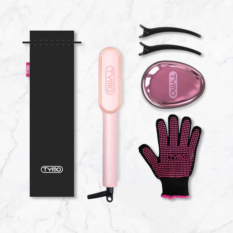TYMO Ring Pink Hair Straightener Comb & Curling Iron, 5 Temp Settings, Dual Voltage, Fast Heating, 3D Brush Teeth, Anti-Scald, Auto-Off, Salon Styling Brush, Travel Bag, Best Gift Ideas for Women & Girlfriends