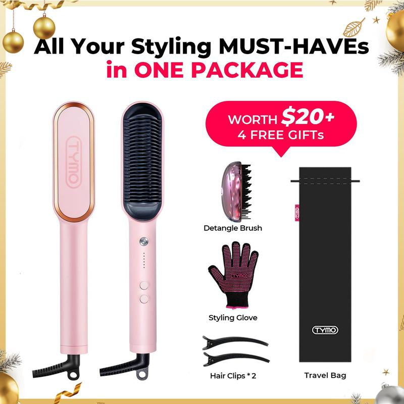 TYMO Ring Pink Hair Straightener Comb & Curling Iron, 5 Temp Settings, Dual Voltage, Fast Heating, 3D Brush Teeth, Anti-Scald, Auto-Off, Salon Styling Brush, Travel Bag, Best Gift Ideas for Women & Girlfriends