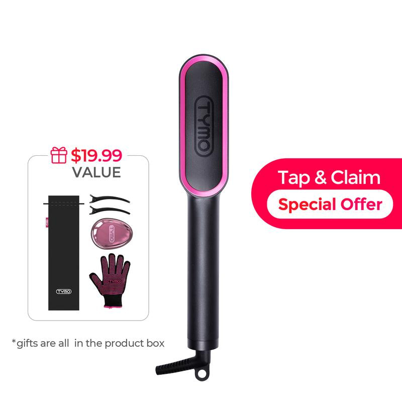 TYMO Ring Pink Hair Straightener Comb & Curling Iron, 5 Temp Settings, Dual Voltage, Fast Heating, 3D Brush Teeth, Anti-Scald, Auto-Off, Salon Styling Brush, Travel Bag, Best Gift Ideas for Women & Girlfriends