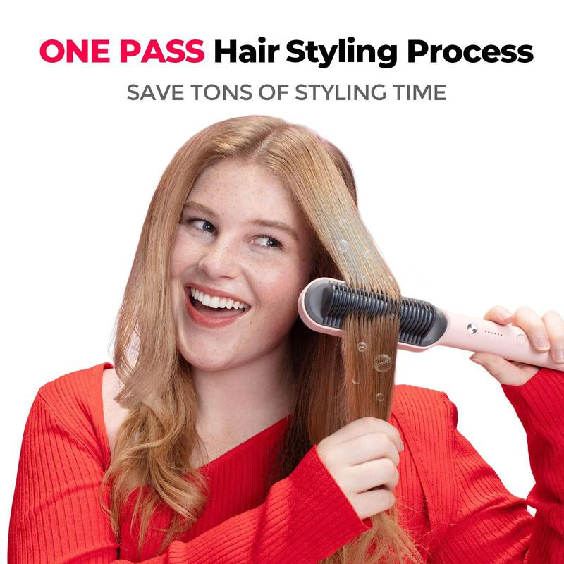 TYMO Ring Pink Hair Straightener Comb & Curling Iron, 5 Temp Settings, Dual Voltage, Fast Heating, 3D Brush Teeth, Anti-Scald, Auto-Off, Salon Styling Brush, Travel Bag, Best Gift Ideas for Women & Girlfriends